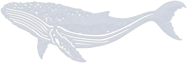Metal wall art featuring a detailed silhouette of a humpback whale crafted from aluminum, showcasing its tail and fins in a majestic pose.